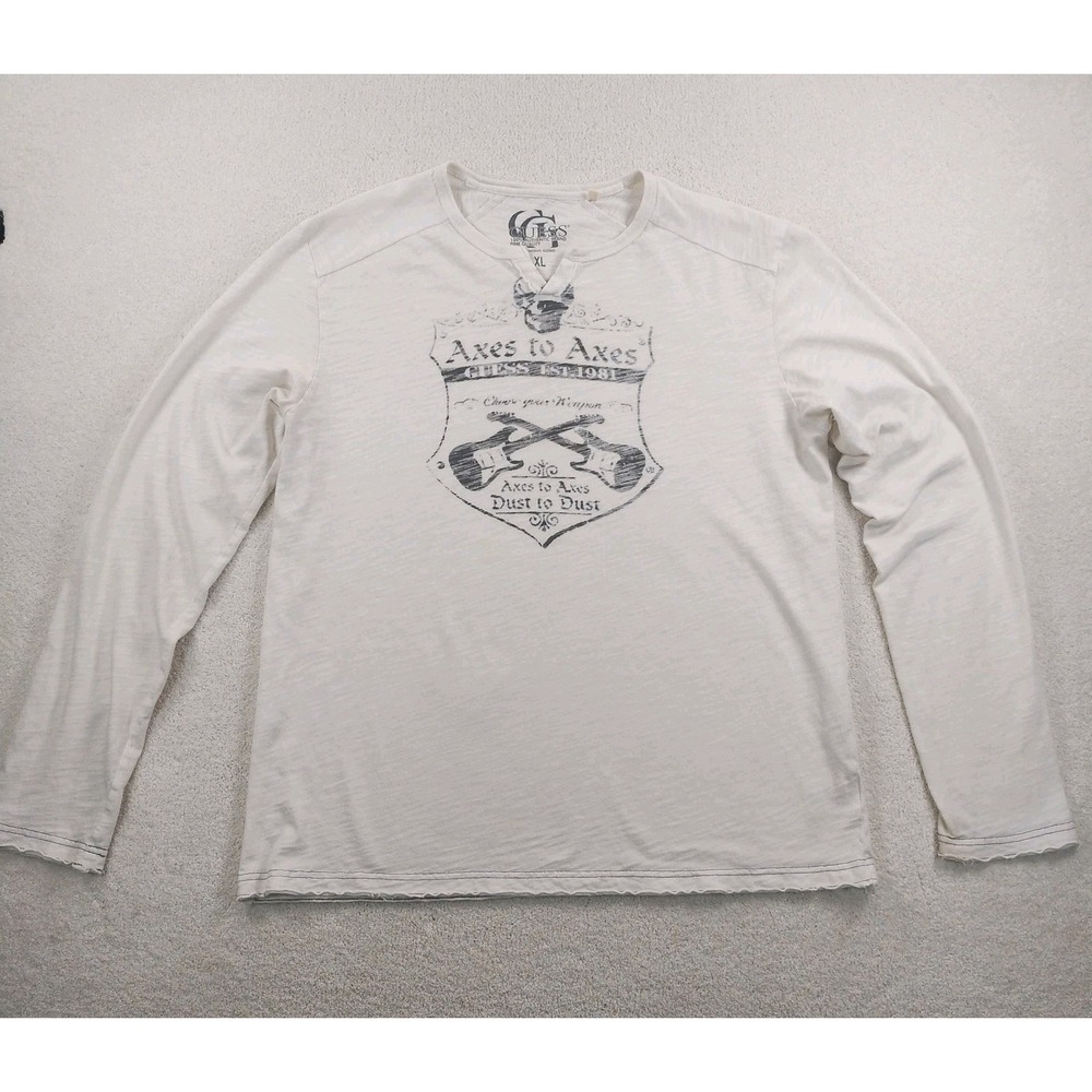 Vtg Y2K Guess Skull Guitars Henley L/S T-shirt Beige See Thru Y2K Grunge Skater